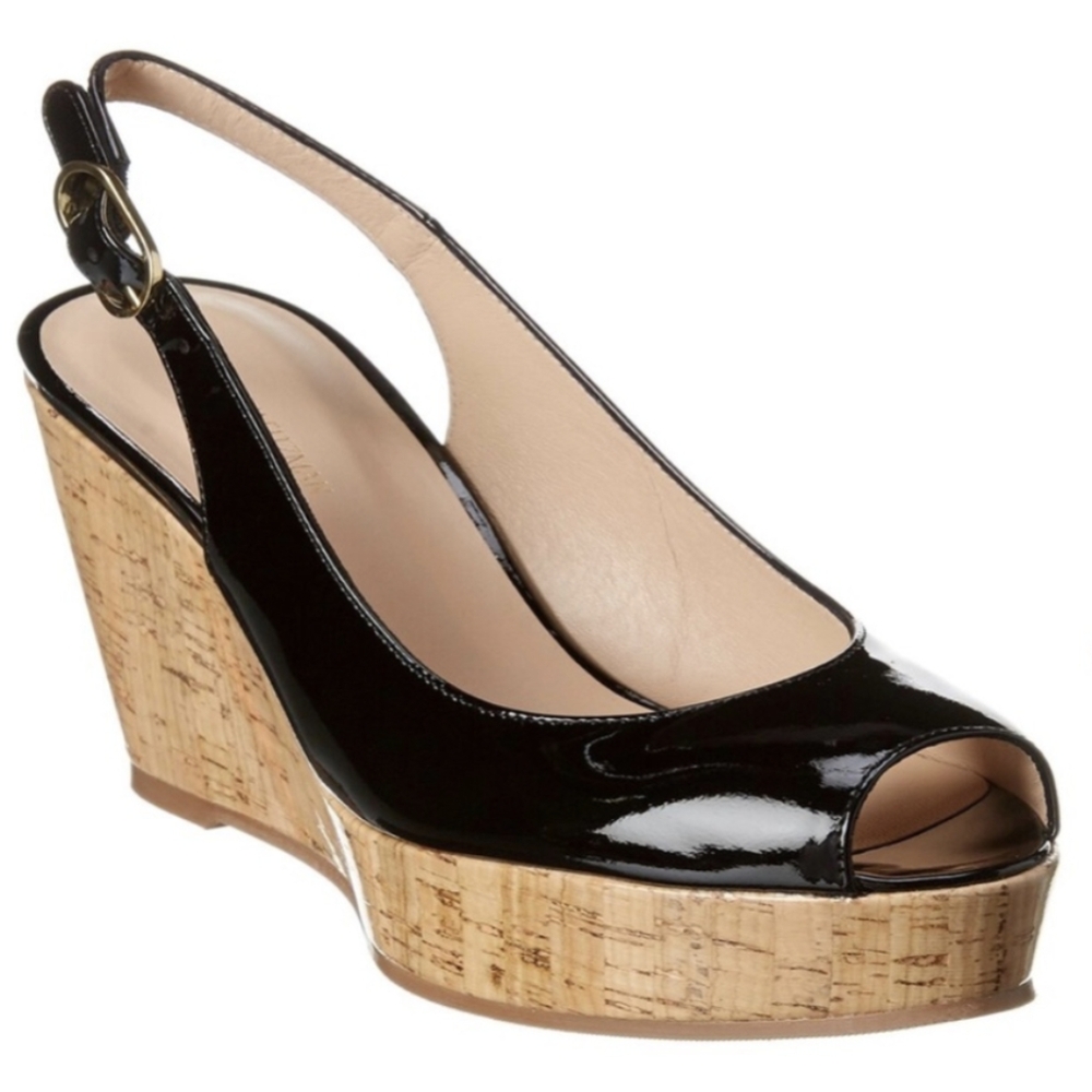 Stuart Weitzman Jean Wedge Slingback - Black Patent, Size 9.5